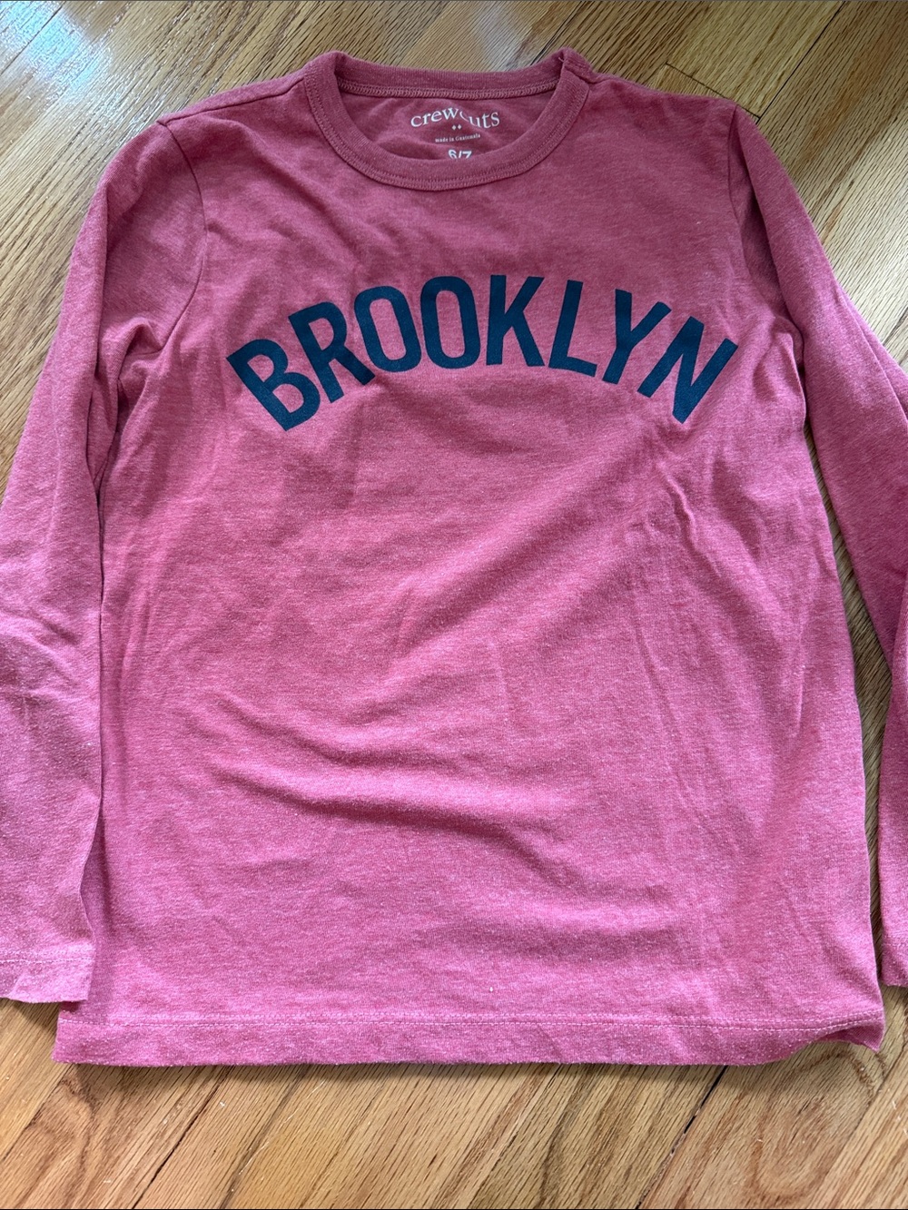 Crewcuts Factory Long-Sleeve Tee in Dusty Rose w/Navy 'BROOKLYN' Print size 6/7